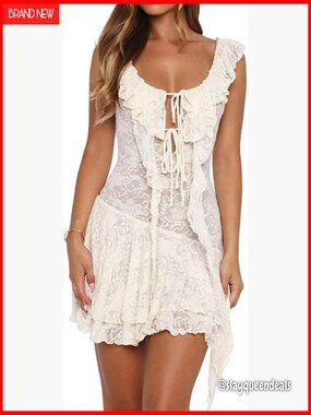 Lace Mini Dress Sleeveless Scoop Neck Ruffle Asymmetrical Bow Summer